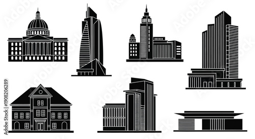 Collection of stylized black and white city buildings and architectural structures