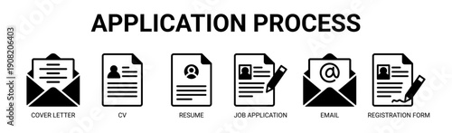 Application Process web banner icon vector illustration concept with icon of cover letter, cv, resume, job application, email, and registration form.