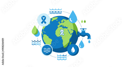 Celebrating World Water Day with Globe Illustration Surrounded by Droplets and Icons