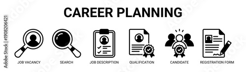 Career Planning web banner icon vector illustration concept with icon of job vacancy, search, job description, qualification, candidate, and registration form.