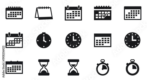 Black and white icons depicting calendars clocks and timekeeping devices
