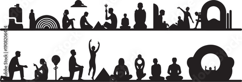 Black silhouettes of people in various activities and settings