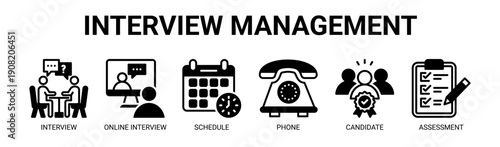 Interview Management web banner icon vector illustration concept with icon of interview, online interview, schedule, phone, candidate, and assessment.