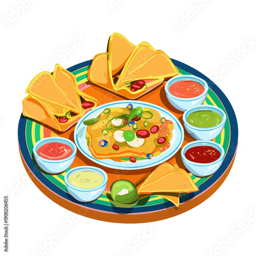 Mexican tortilla chips platter with various spicy dipping sauces and fresh vegetable garnishes for snack time - Vector Illustration