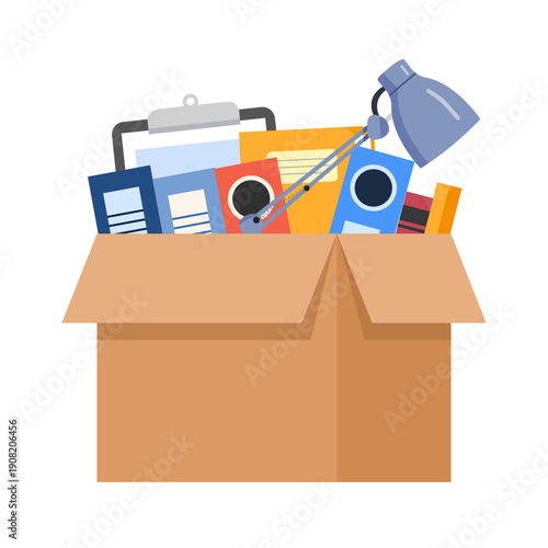 Cartoon office box tools. Folders, plant and stationery for work place in cardboard pack. Dismissal, relocation or charity, nowaday vector scene