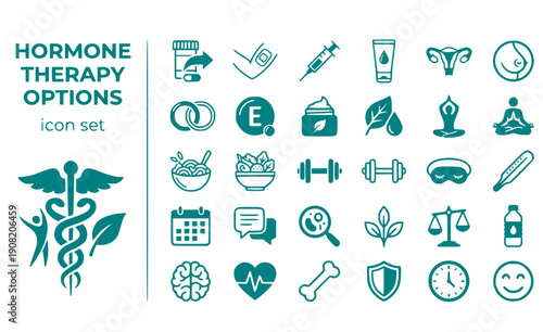 Hormone Therapy Options HRT Non-Hormonal Hormone-Replacement Estrogen-Therapy Therapy-Alternatives Hormonal-Options Vector Icon Set - HRT Options