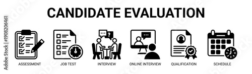 Candidate Evaluation web banner icon vector illustration concept with icon of assessment, job test, interview, online interview, qualification, and schedule.