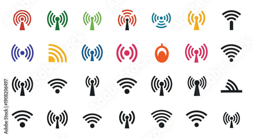 Colorful wifi signal icons arranged in rows on a white background