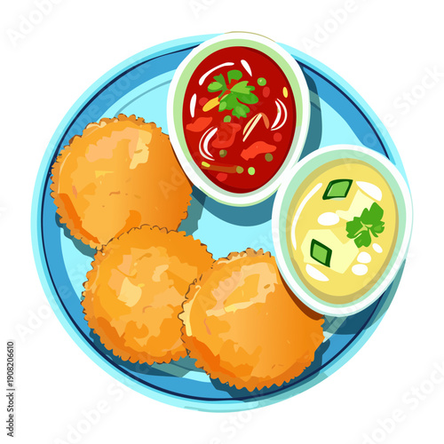 Fried potato pancakes served with spicy tomato salsa and herb cream dip on a blue plate - Vector Illustration