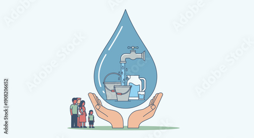Celebrating World Water Day with a drop containing a faucet and people standing together