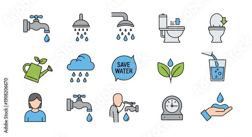 Saving World Water Day icons set illustrating conservation actions and resources