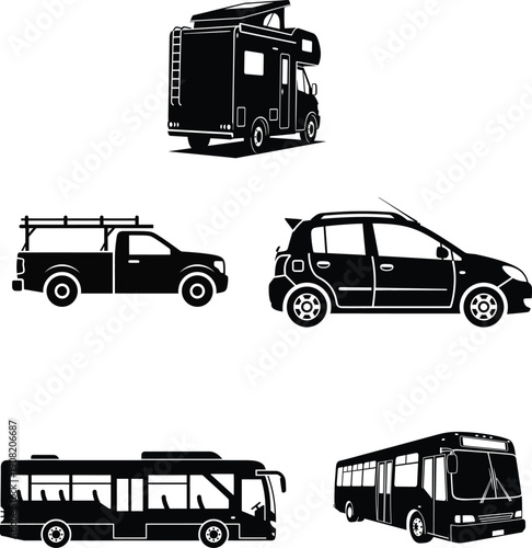 Various vehicle silhouettes against a white background, including cars, trucks, and buses.