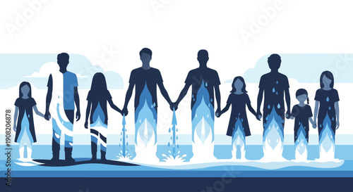 People around the World celebrating Water Day with flowing water elements in a serene landscape view