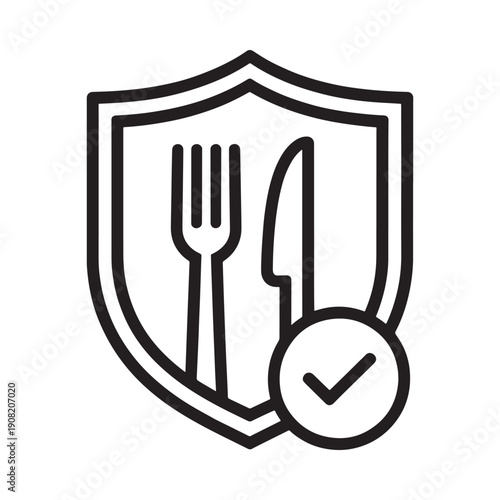 A black and white line drawing of a shield with cutlery and a checkmark