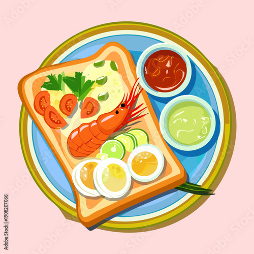 Delicious open faced sandwich topped with fresh shrimp boiled eggs and spicy dipping sauces on wooden board - Vector Illustration