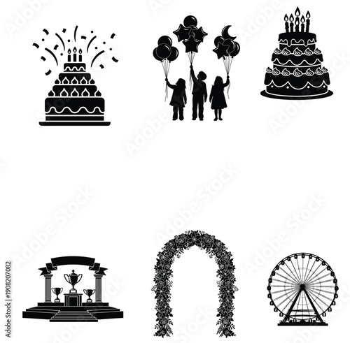 A collection of black and white clipart elements for party and celebration.