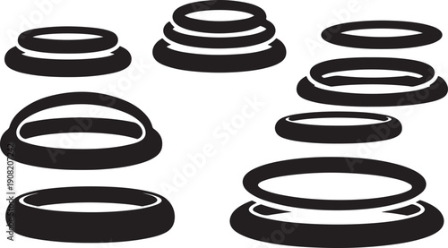 Black and white illustration of stacked ring shapes