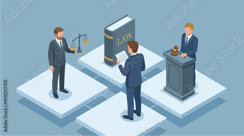 Businessmen standing on platforms speaking formally.