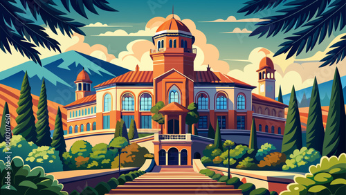 Very beautiful architectural view of the Hearst Memorial Mining Building on the University of California, Berkeley campus in Berkeley, California, USA, reflecting academic heritage and scientific stud