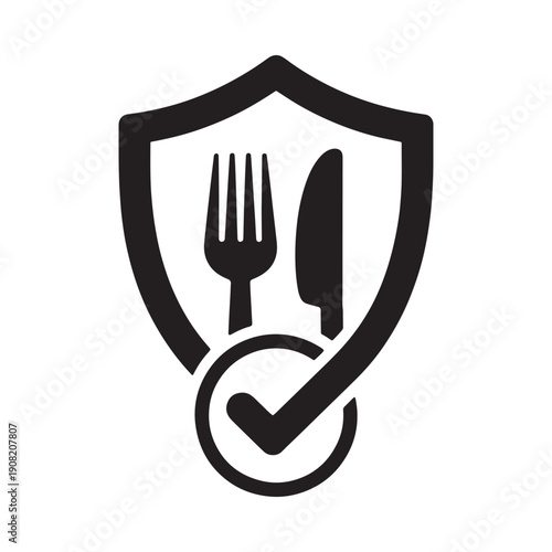 Food safety emblem a shield with cutlery and a checkmark symbol