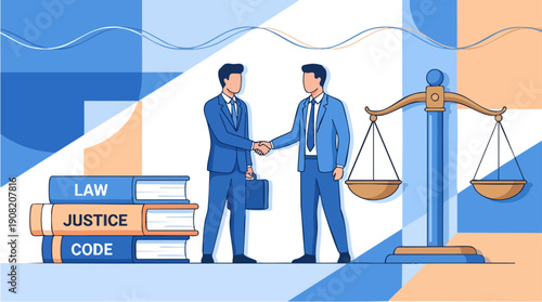 Businessmen shaking hands in law office.