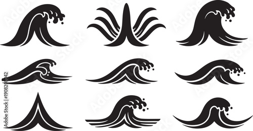 Collection of black wave icons on white background