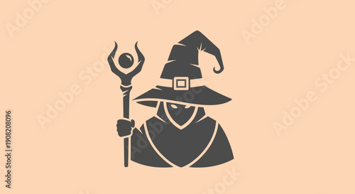 Mystical wizard with staff on peach backdrop