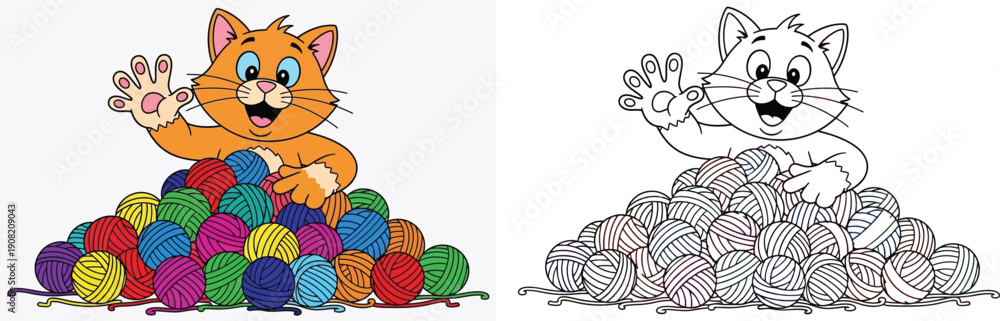Obraz premium Funny Smiling Kitten Character Kids Coloring Page and Vector Illustration of a Cute Cartoon Cat Playing With Vibrant Yarn Balls White Background Isolated