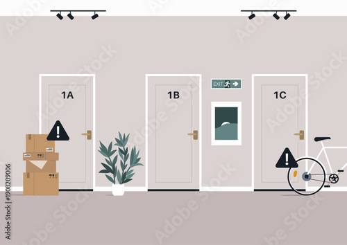 Cluttered hallway in a condo featuring boxes, plants, and signs for emergency exits while showcasing a blend of contemporary design and practical living