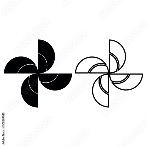 Abstract Layered Semicircle Pinwheel Vector – Modern Radial Propeller Motif Set in Black