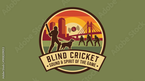 Vintage emblem celebrating the spirit of blind cricket with a player, guide dog, and city sunset
