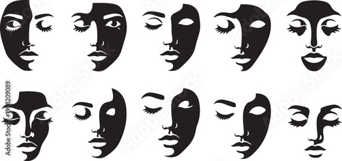 Collection of black and white face silhouettes with emotions