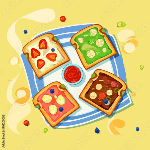 Variety of healthy breakfast toasts with fruit and vegetable toppings served on a blue tray - Vector Illustration