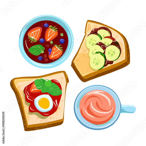 Assorted breakfast toasts topped with vegetables and eggs served with a small bowl of dip - Vector Illustration