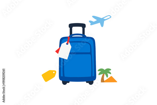 This flat illustration features a blue travel suitcase with tags, accompanied by a flying airplane icon, a yellow luggage tag, and a palm tree next to a pyramid.