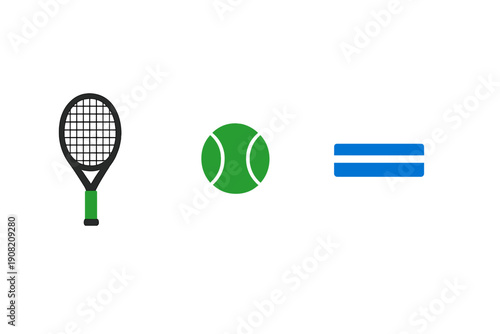 A black tennis racket with a green handle, a green tennis ball, and a blue credit card are displayed in a row against a solid black background. This represents sports and finance.