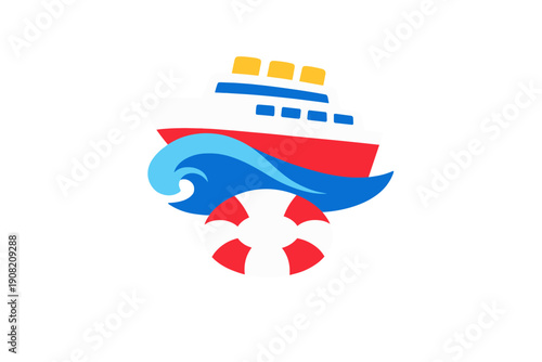 A stylized digital illustration of a white and red cruise ship sailing on a blue ocean wave, positioned above a red and white lifebuoy against a black background.