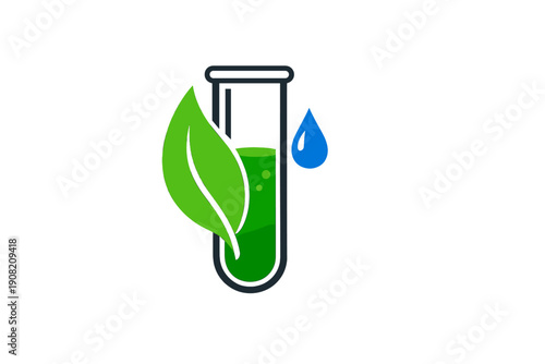 A graphic design showing a laboratory test tube with green fluid, a vibrant green leaf, and a single blue water droplet, symbolizing eco-friendly research and bioengineering.