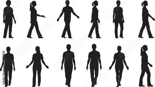 Collection of various human silhouettes walking in different poses