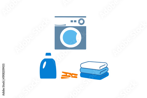 A flat vector illustration featuring a blue front-loading washing machine, a bottle of liquid detergent, a stack of folded towels, and orange clothespins on a black background.