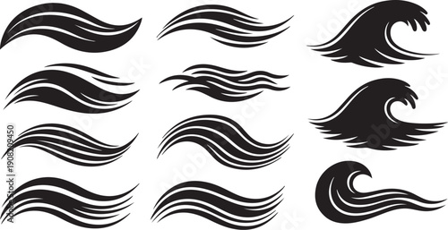 Collection of black wave icons on white background