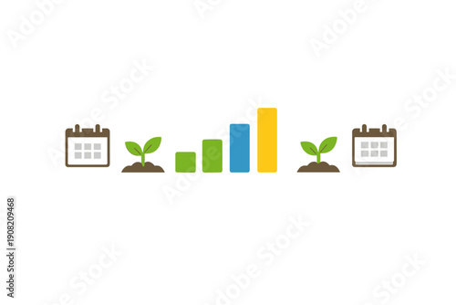 A flat illustration featuring a bar chart with increasing heights in green, blue, and yellow colors, flanked by calendar icons and small green sprouts growing from soil on a black background.