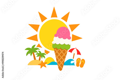 A vibrant summer illustration featuring a large yellow sun, a three-scoop ice cream cone, palm trees on a beach, a red umbrella, flip-flops, and ocean waves on a black background.
