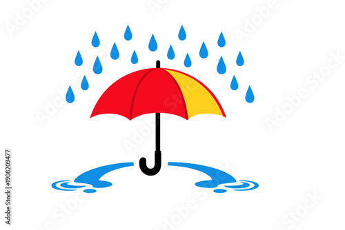 A red and yellow umbrella stands under falling blue raindrops against a black background. Two blue puddles with ripples are visible at the base of the umbrella handle.