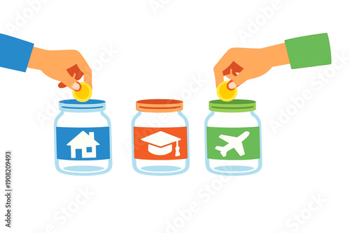 An illustration of hands putting gold coins into glass jars labeled with icons for a house, education, and travel, representing financial planning and saving for future goals.