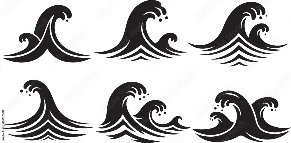 Fototapeta premium Set of six different wave icons in black color