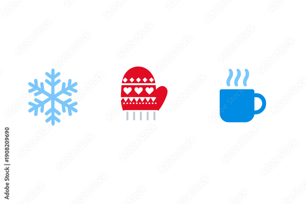Fototapeta premium A set of three winter icons featuring a light blue snowflake, a red patterned mitten with hearts, and a blue steaming mug, all isolated on a solid black background.