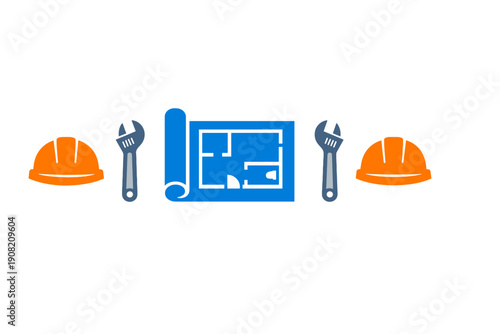 A flat vector illustration featuring a blue architectural blueprint in the center, flanked by two grey wrenches and two orange hard hats against a solid black background.