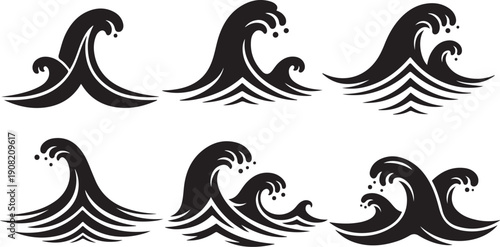 Set of six different wave icons in black color