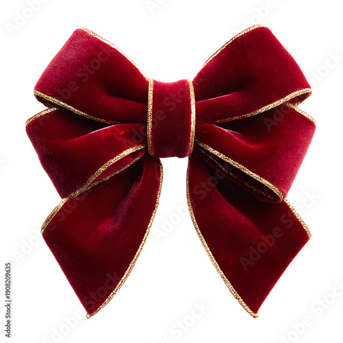 Luxurious red velvet bow with gold trim on transparent background isolated on transparent background